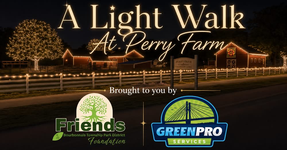 Concept image of A Light Walk at Perry Farm Park, with lighted barns, trees, and fence lines at night