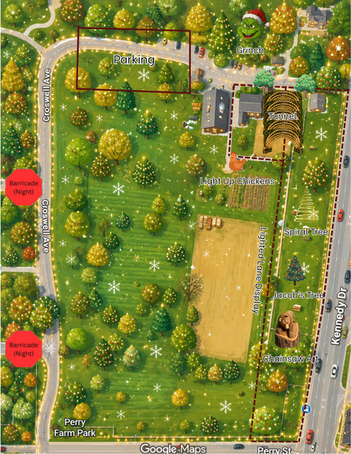 Map of A Light Walk at Perry Farm Park showing the walking route, parking, and displays